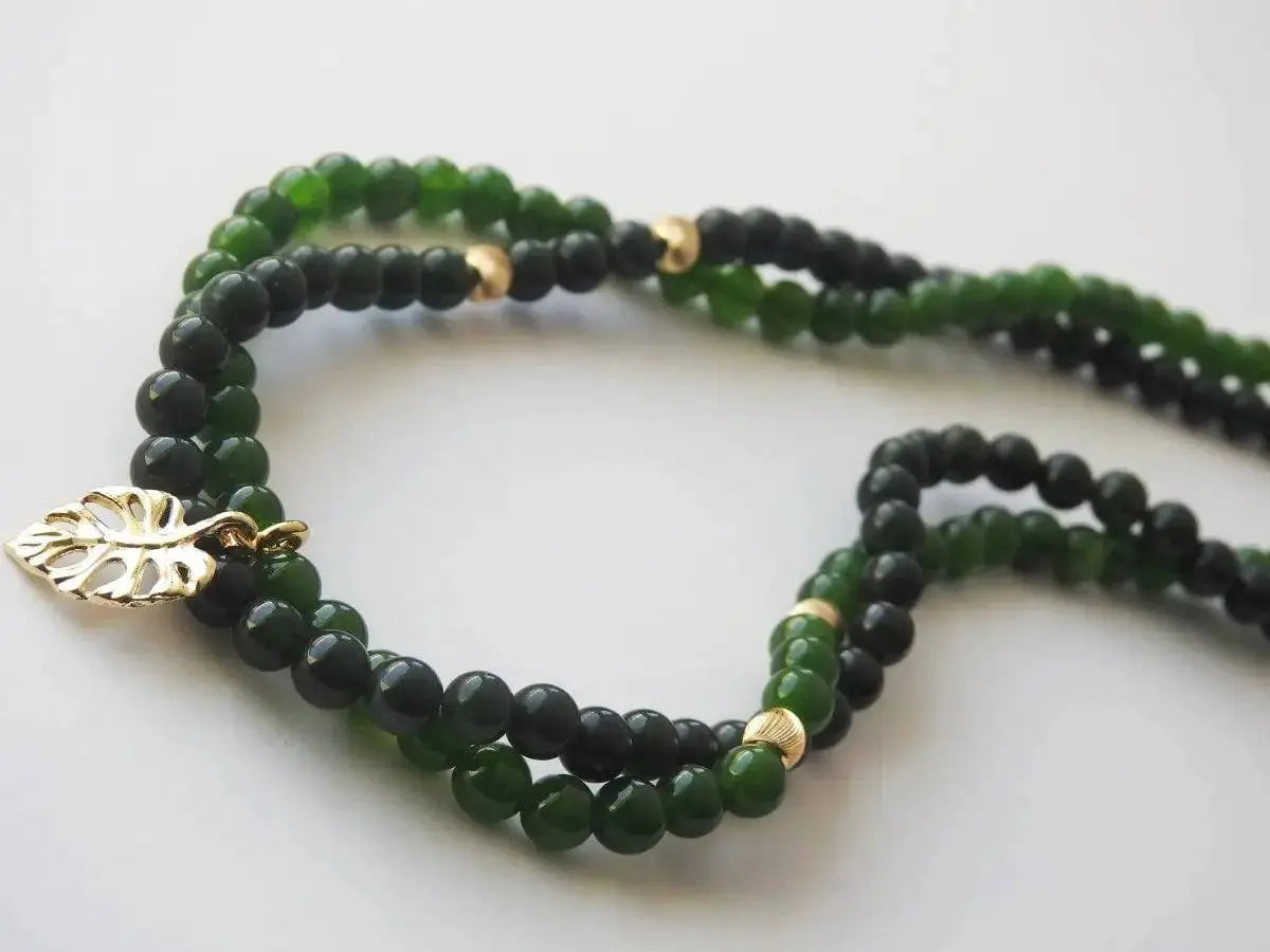 Jade Tropic – Green Jade Jewelry with Gold Monstera Leaf Pendant view 6
